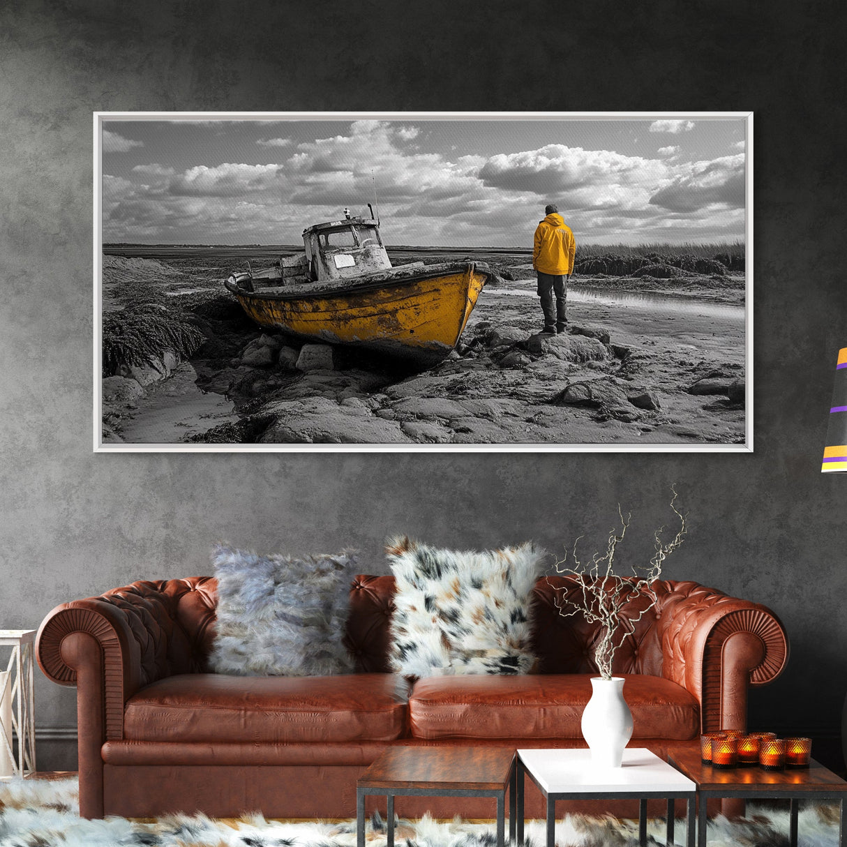 Yellow Boat, Lonely Man, Moody Shore, Framed Canvas Print, Coastal Wall Art, Nautical Decor, Masculine Home Office Style