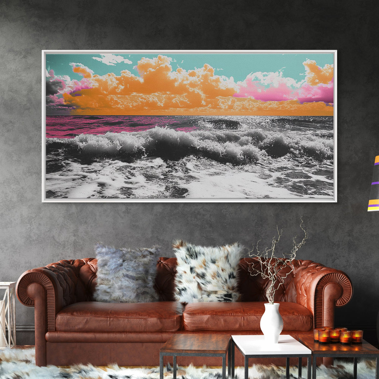 Vibrant Ocean, Sunset Sky, Colorful Waves, Canvas Print, Surreal Coastal Wall Art, Bathroom Decor, Modern Beach Aesthetic