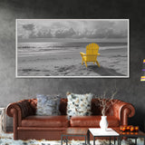 Yellow Chair, Tranquil Beach, Ocean Horizon, Canvas Print, Minimalist Beach Wall Art, Guest Room Decor, Calm Coastal Scene