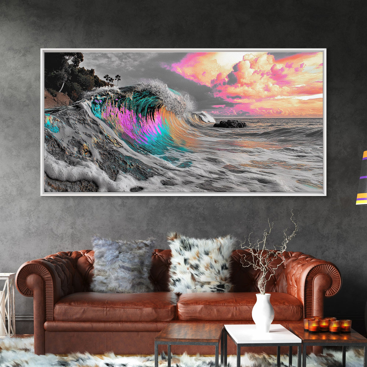 Neon Wave, Tropical Sunset, Bold Ocean Art, Framed Canvas Print, Color Pop Wall Decor, Surfer Room Style, Coastal Vibe Art