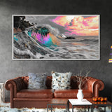 Neon Wave, Tropical Sunset, Bold Ocean Art, Framed Canvas Print, Color Pop Wall Decor, Surfer Room Style, Coastal Vibe Art