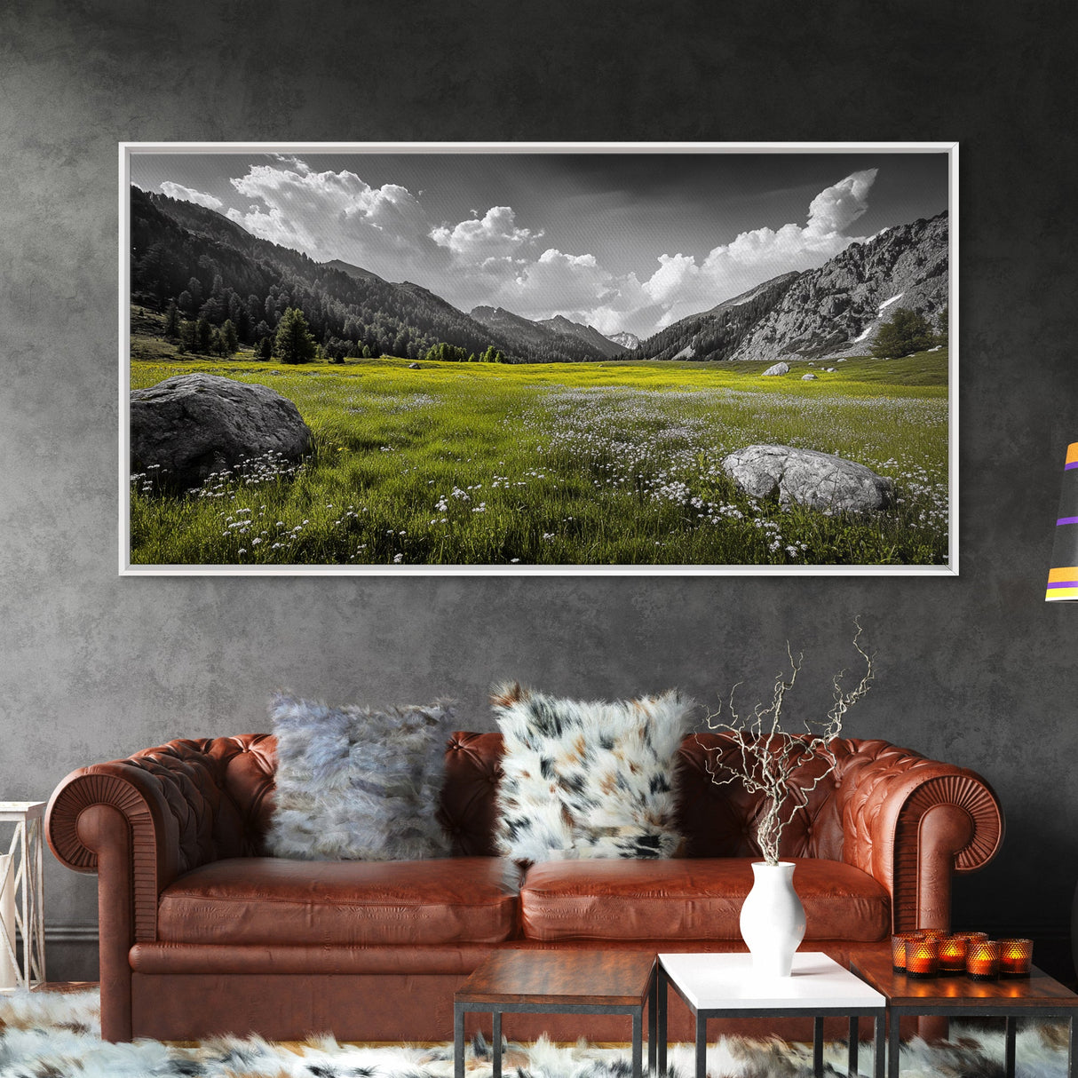 Mountain Meadow, Alpine Landscape, Nature Photography, Wildflower Field, Framed Canvas Print, Bedroom Wall Art, Summer Vibes, Scenic Escape