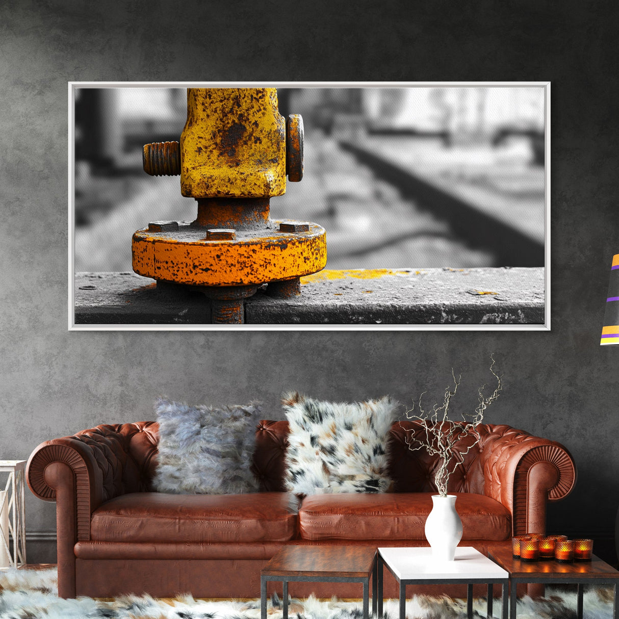 Industrial Bolt Closeup, Yellow Metal, Grunge Texture, Modern Industrial Art, Framed Canvas Print, Garage Wall Decor, Urban Loft Style