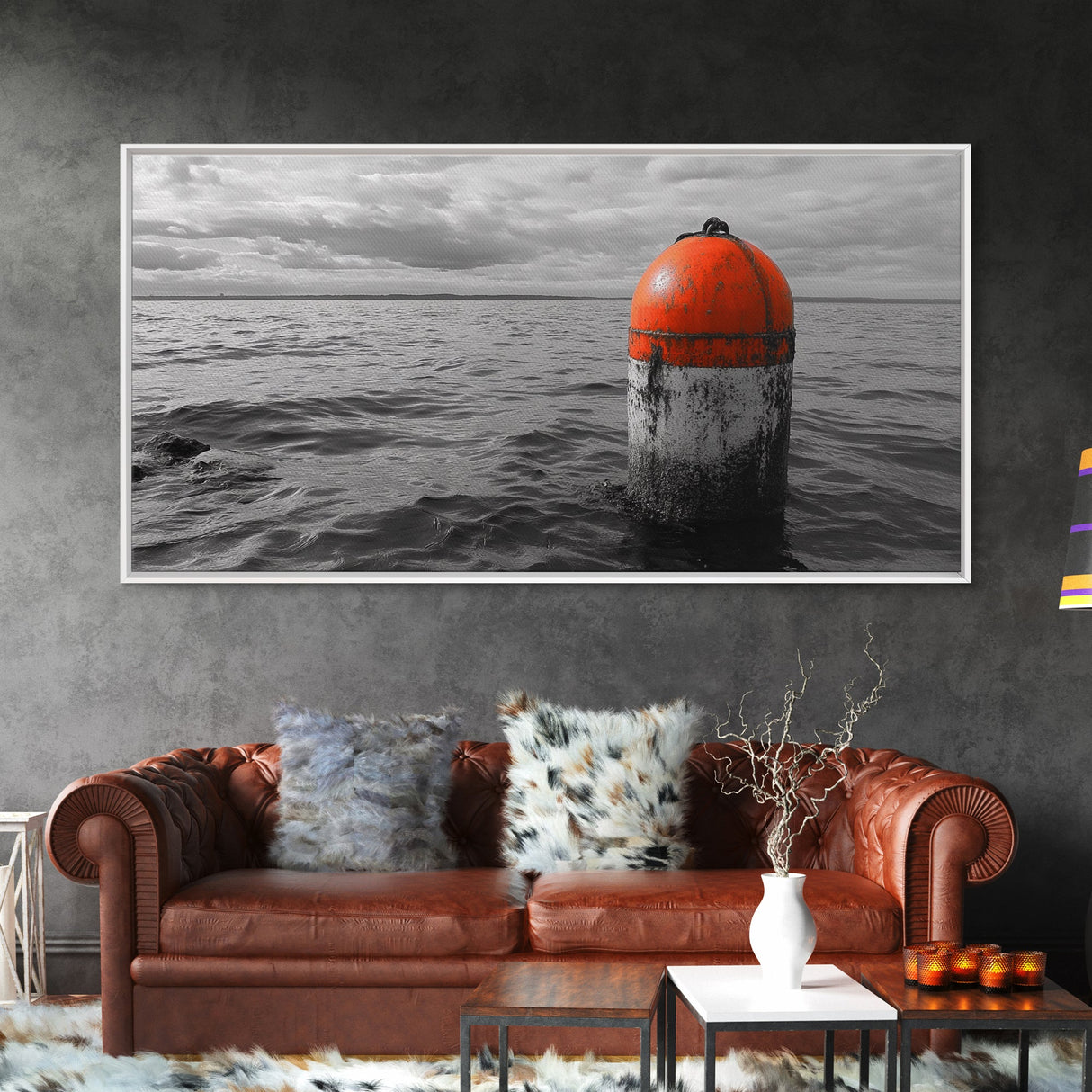 Orange Buoy Water, Marine Marker, Sea Navigation, Ocean Decor, Canvas Print, Coastal Living Room Art, Minimal Nautical Wall Decor