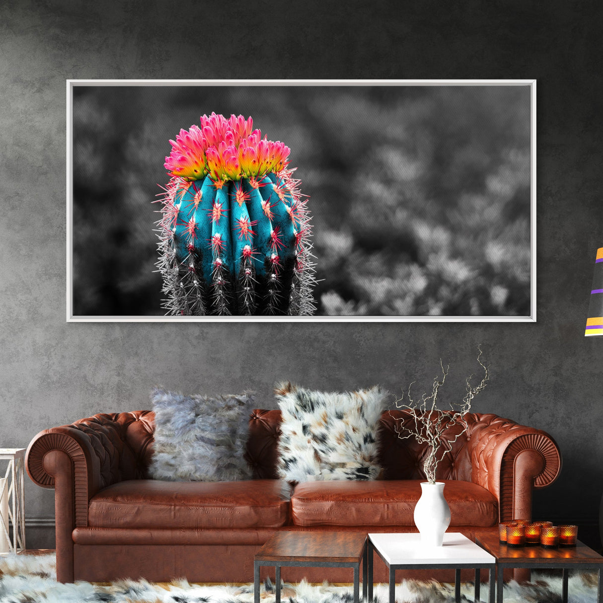 Neon Bloom Cactus, Rainbow Succulent, Desert Art, Canvas Print, Colorful Botanical Wall Art, Modern Living Room Decor, Bold Nature