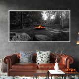 Forest Campfire, Glowing Flames, Outdoor Retreat, Cozy Autumn, Framed Canvas Print, Rustic Wall Decor, Fall Living Room Art, Nature Scene