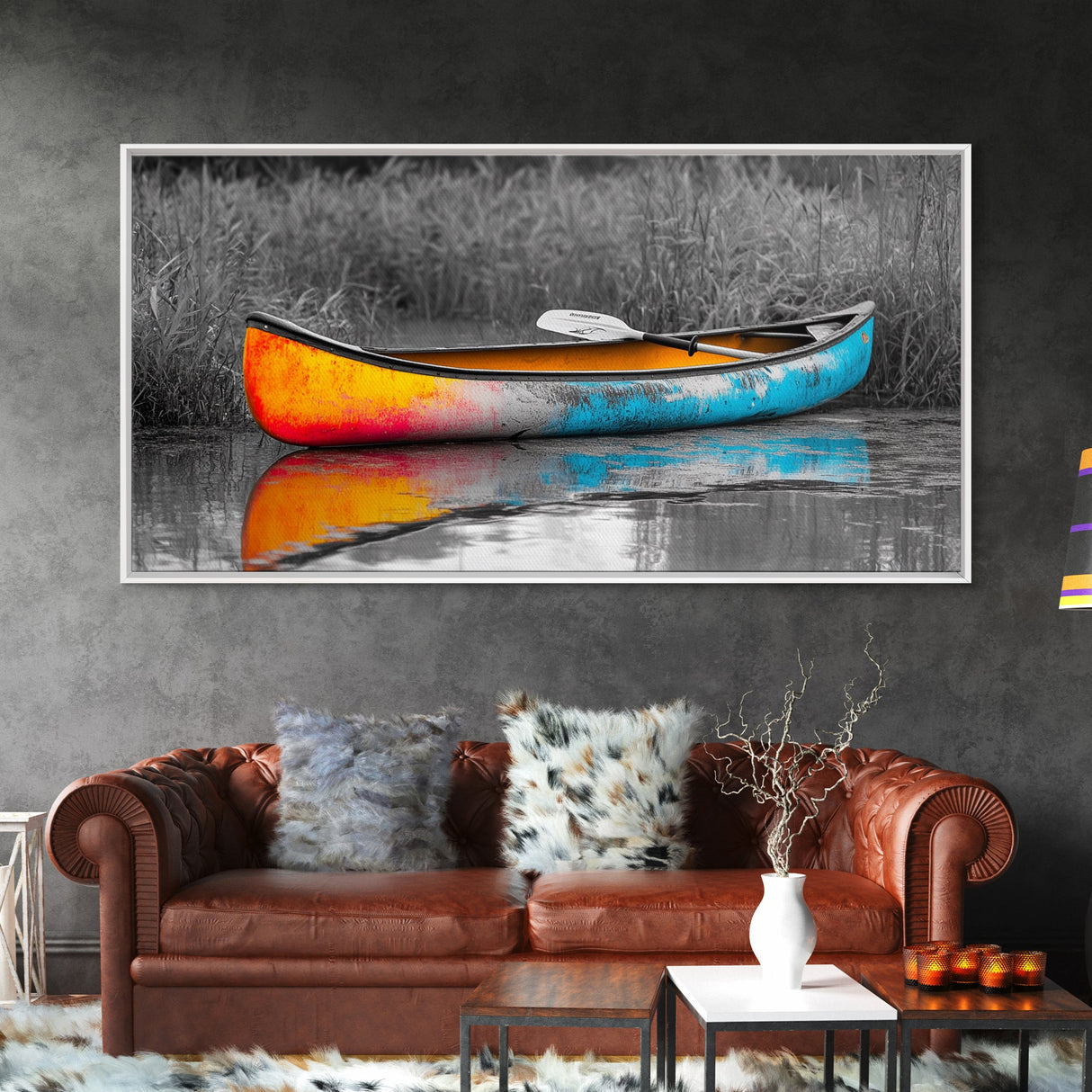 Painted Canoe, River Reflections, Nature Boating, Color Pop Art, Canvas Print, Lakeside Wall Decor, Adventure Theme, Rustic Office Art