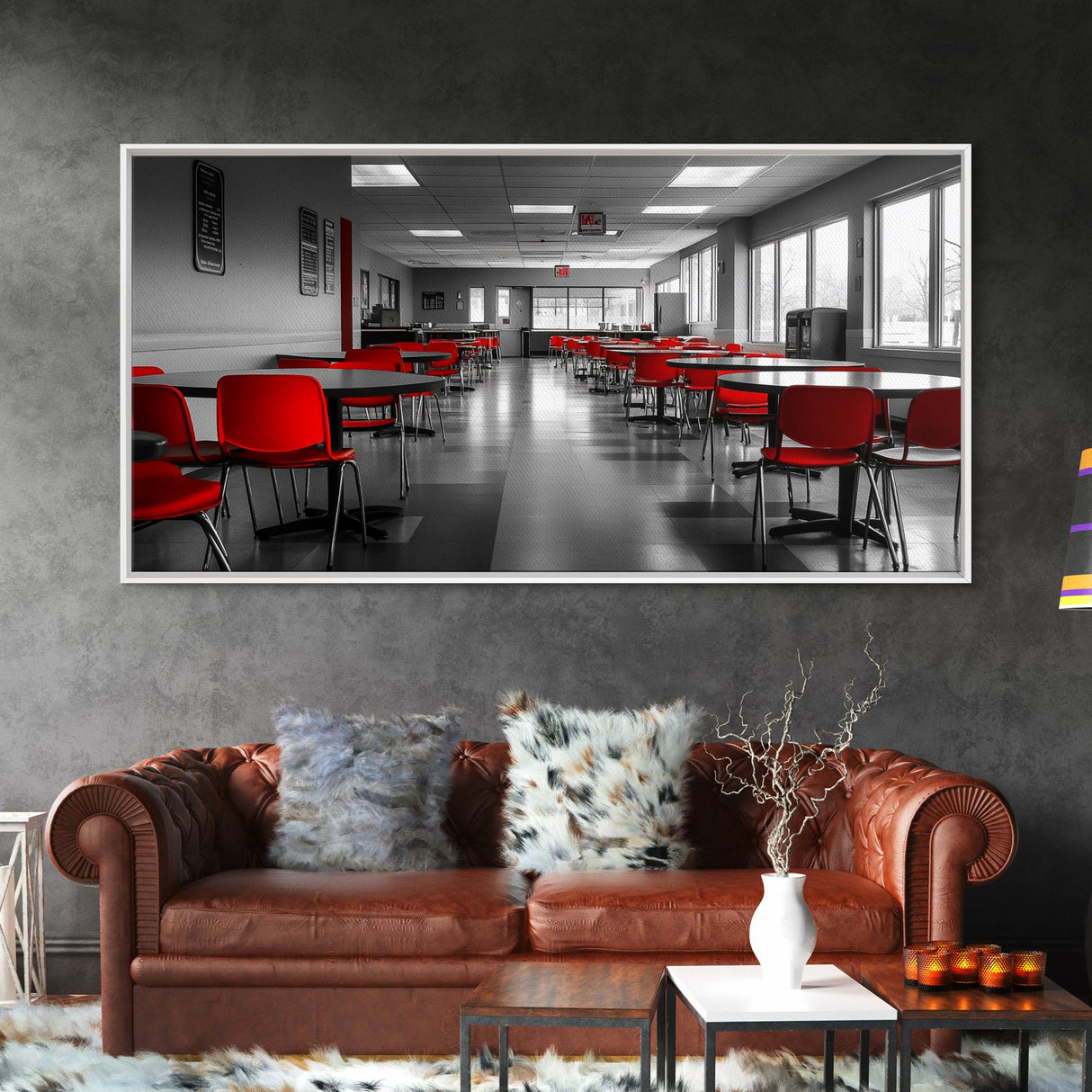 Red Chairs, Modern Cafeteria, Retro Seating, Pop Color Dining, Canvas Print, Kitchen Wall Art, Urban Minimalism, Bold Office Decor
