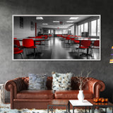 Red Chairs, Modern Cafeteria, Retro Seating, Pop Color Dining, Canvas Print, Kitchen Wall Art, Urban Minimalism, Bold Office Decor