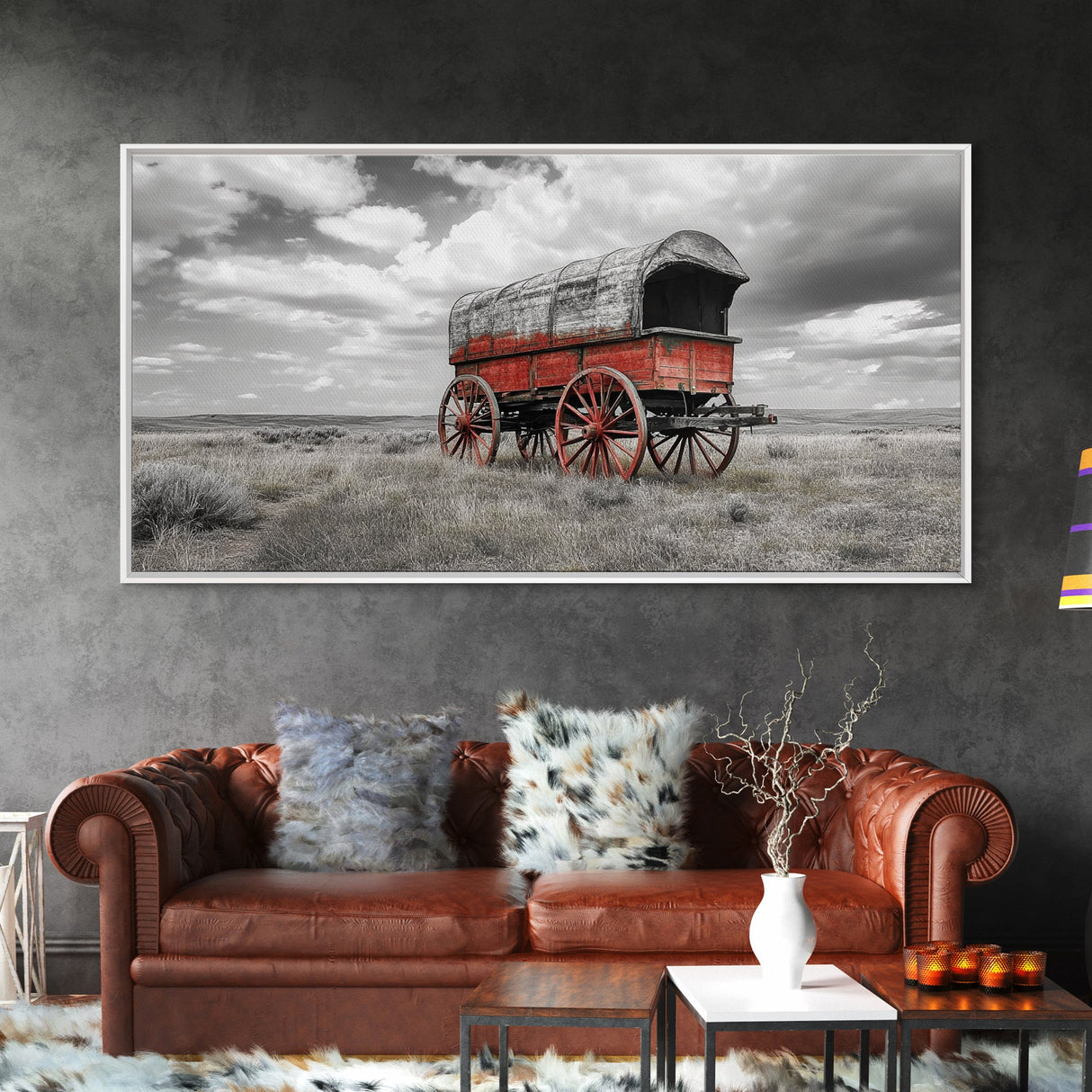 Prairie Red Wagon, Old West Scene, Framed Canvas Print, Rustic Wall Decor, Western Style Art, Living Room Accent, Cowboy Nostalgia