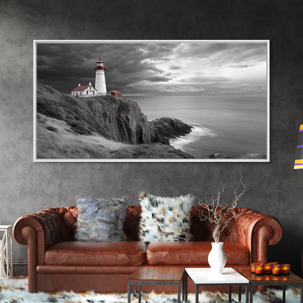 Lighthouse Ocean Storm, Coastal Cliff Light, Framed Canvas Print, Nautical Wall Art, Beach House Decor, Dramatic Sky Scene, Office Art
