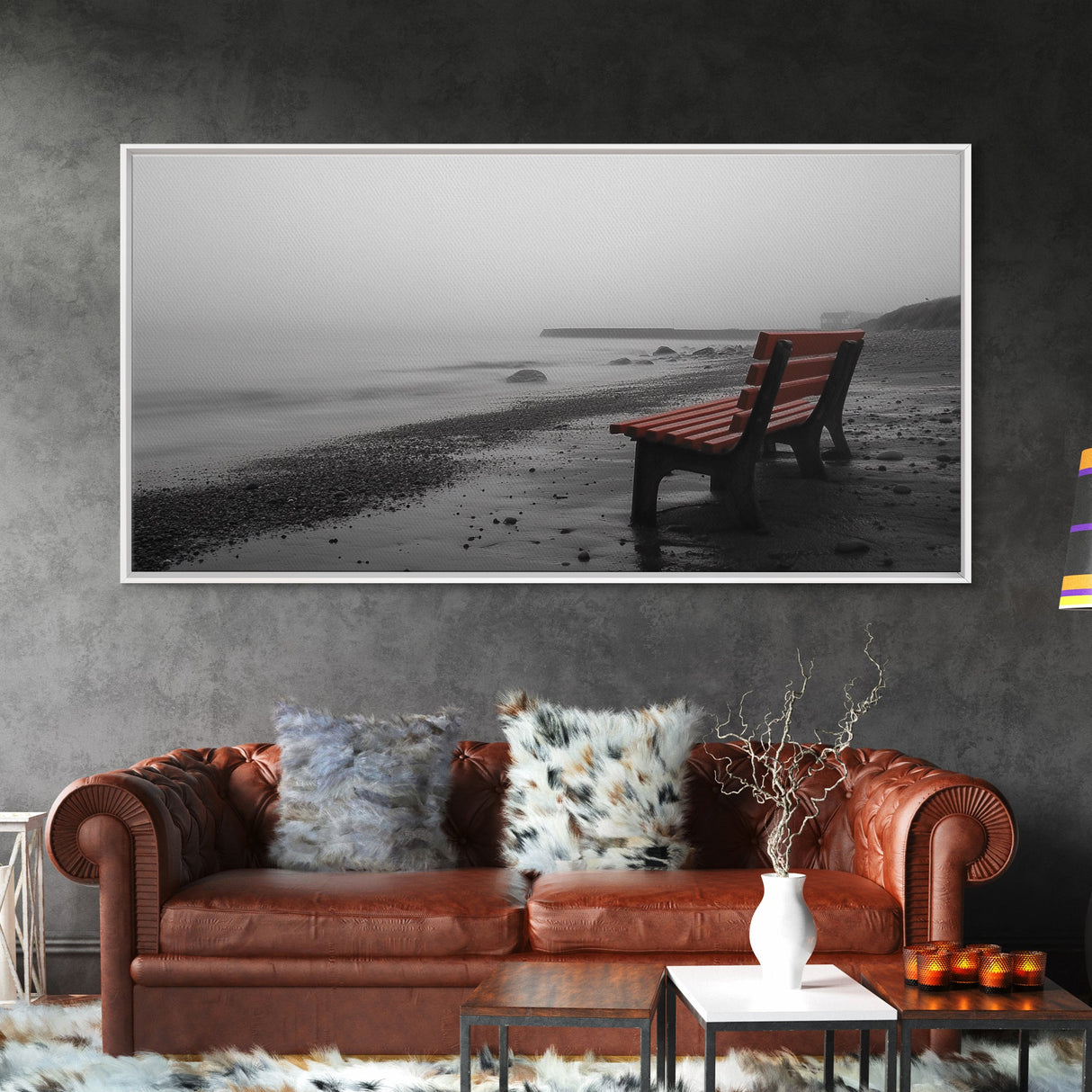 Red Bench Fog, Moody Coastal Morning, Framed Canvas Print, Minimalist Beach Wall Art, Modern Entryway Decor, Black and White Vibes