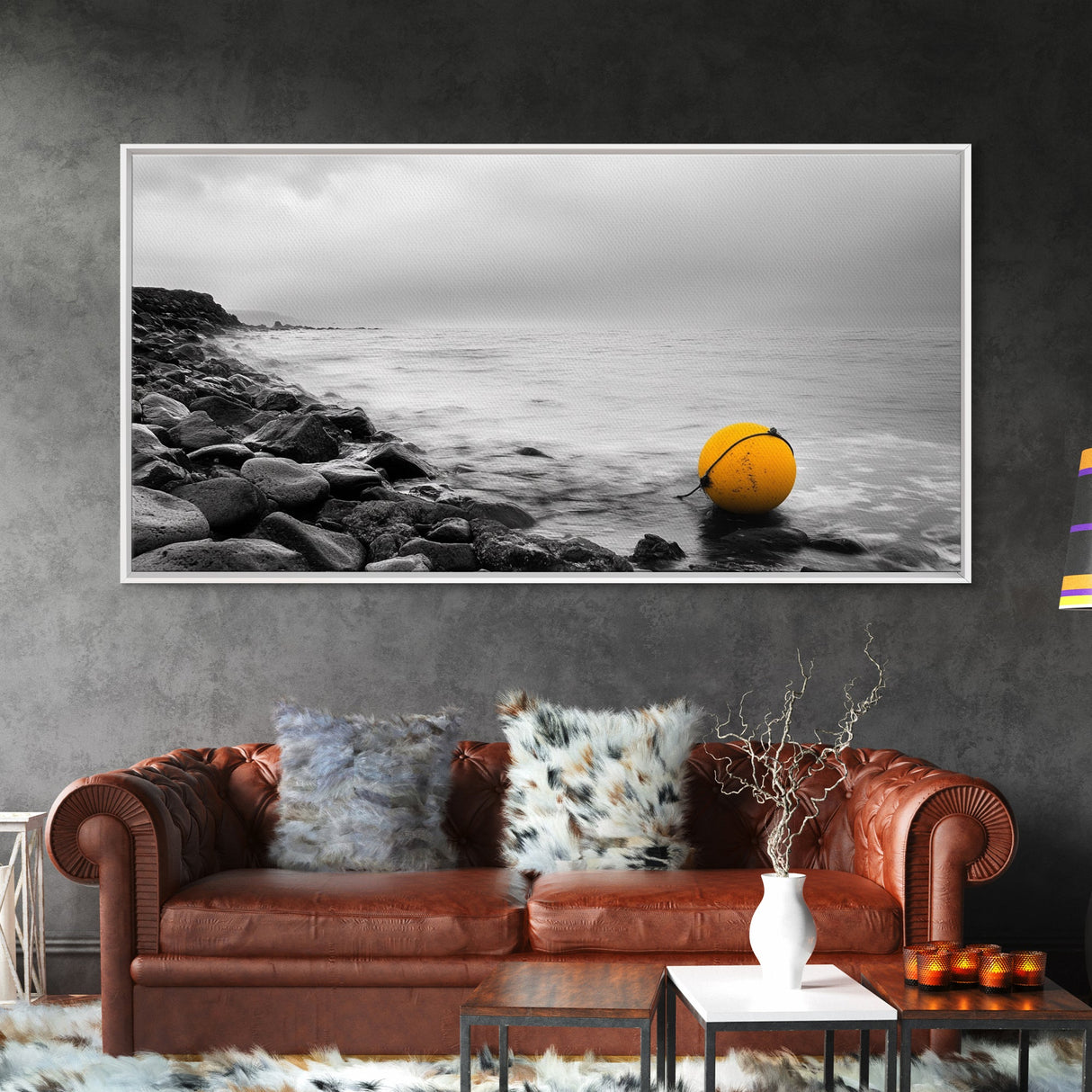 Yellow Buoy, Ocean Minimalism, Coastal Calm, Seaside Solitude, Canvas Print beach house wall decor, black and white modern art