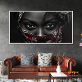 Fierce Eyes, Red Bandana, Bold Portrait, Afro Art, Framed Canvas Print, Bedroom Wall Art, Powerful Gaze, Monochrome With Red Accent