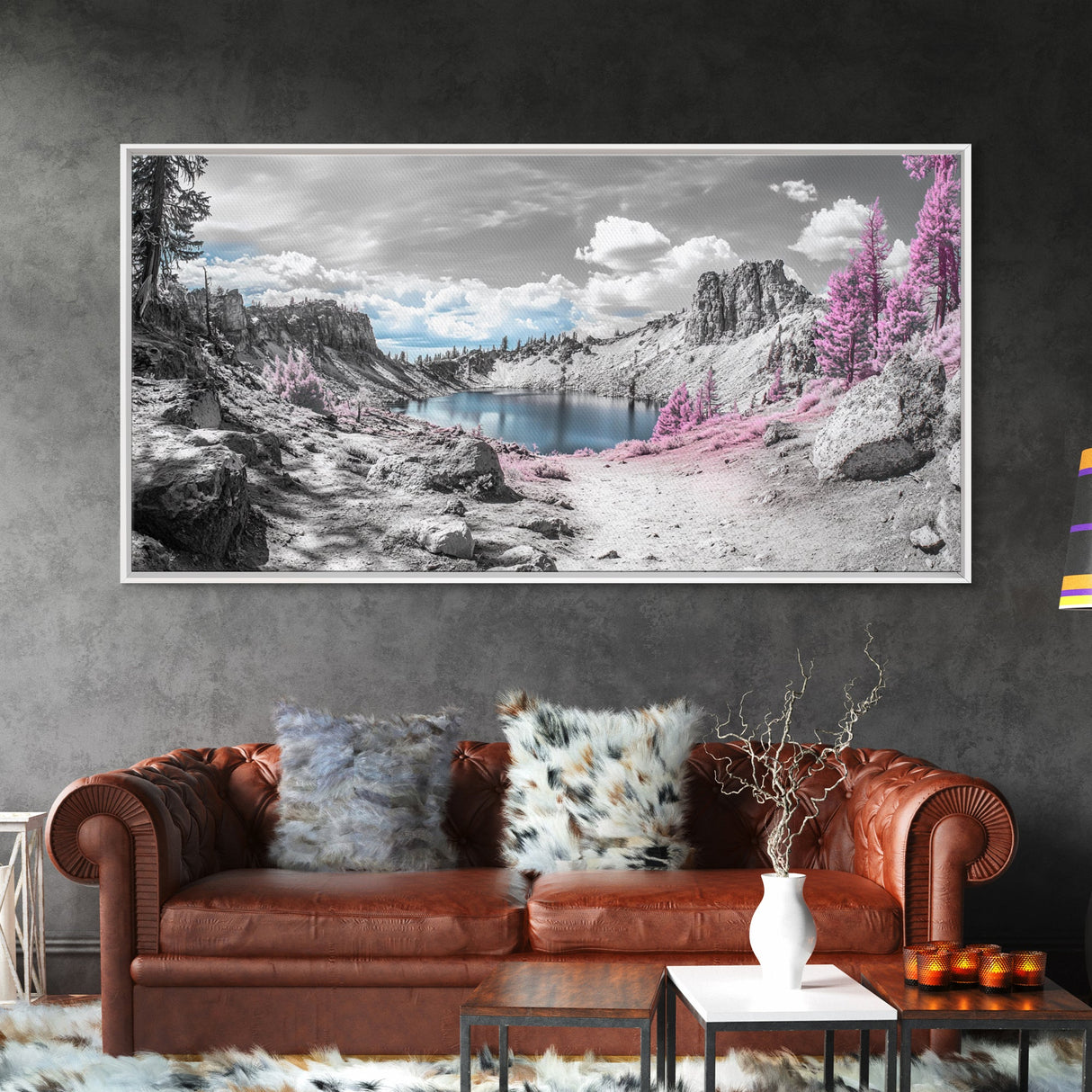 Surreal Landscape, Pink Trees, Mountain Lake, Framed Canvas Print, Fantasy Nature Art, Dreamy Decor, Bedroom Wall Art, Nature Surrealism