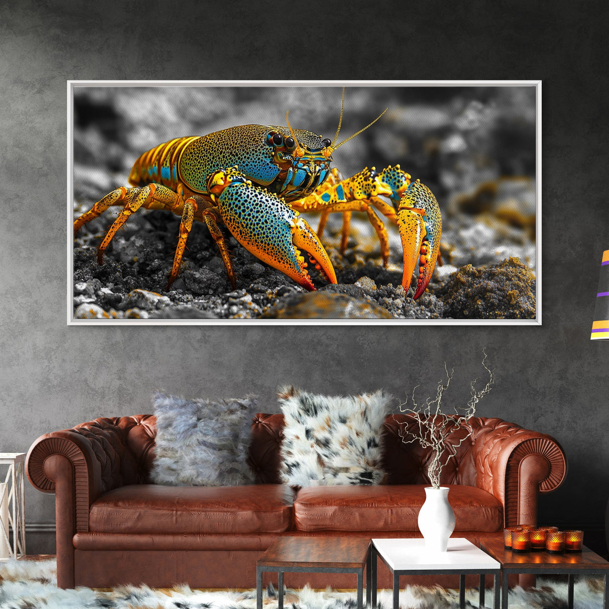 Rainbow Lobster, Bold Colors, Exotic Crustacean, Canvas Print, Underwater Art, Coastal Living Room Wall Art, Boho Ocean Creature Decor