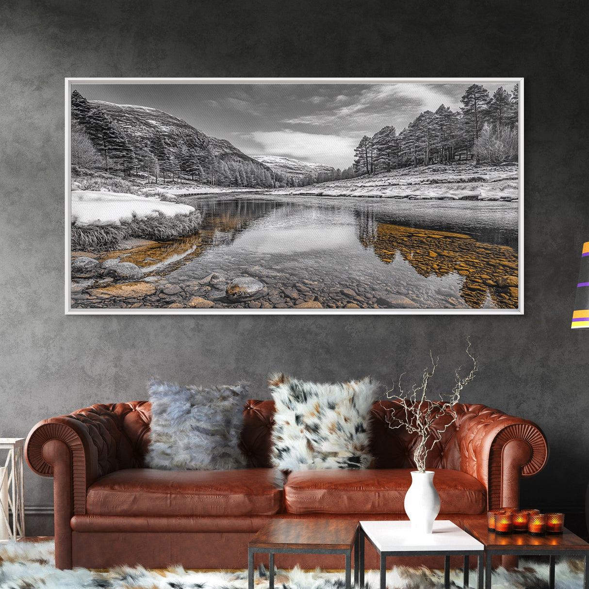 Snow River Scene, Winter Landscape, Peaceful Stream, Framed Canvas Print, Rustic Cabin Decor, Nature Wall Art, Minimalist Winter Aesthetic