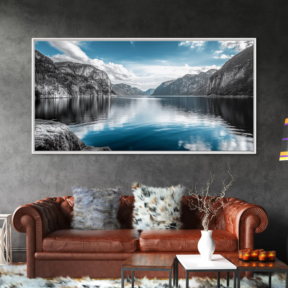 Mountain Lake, Blue Water, Fjord View, Canvas Print, Scandinavian Landscape, Calm Nature Wall Art, Office or Bedroom Modern Decor