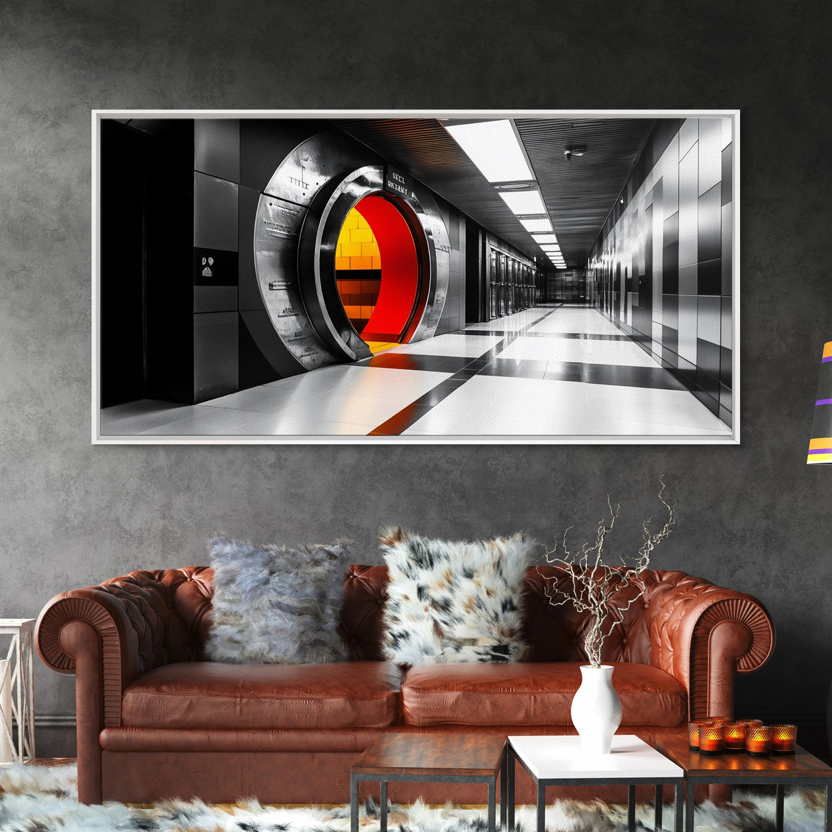 Vault Door, Futuristic Hallway, Urban Industrial Art, Sci Fi Decor, Framed Canvas Print, Office Wall Art, Red Orange Interior Glow