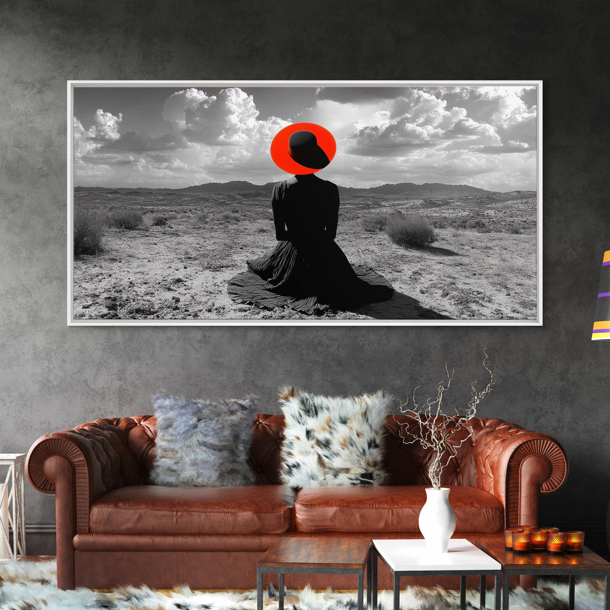 Red Hat Woman, Surreal Desert, Fashion Silhouette, Framed Canvas Print, Minimalist Wall Art, Bold Modern Decor, Bedroom Gallery Style