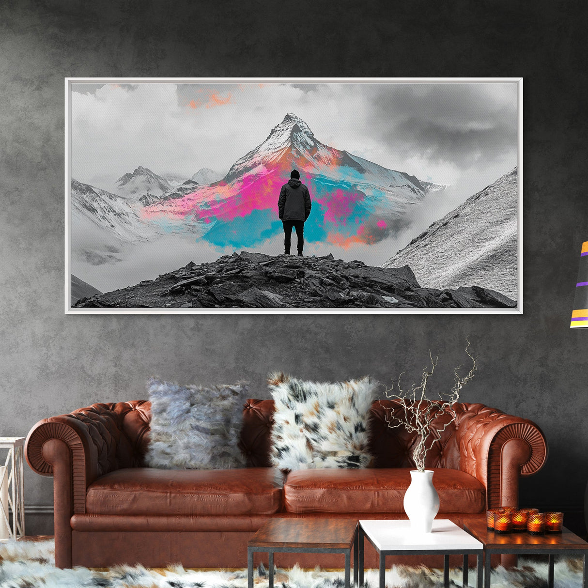 Rainbow Mountain, Vibrant Summit, Hiker Adventure, Canvas Print, Surreal Landscape Art, Wanderlust Wall Decor, Modern Office Artwork