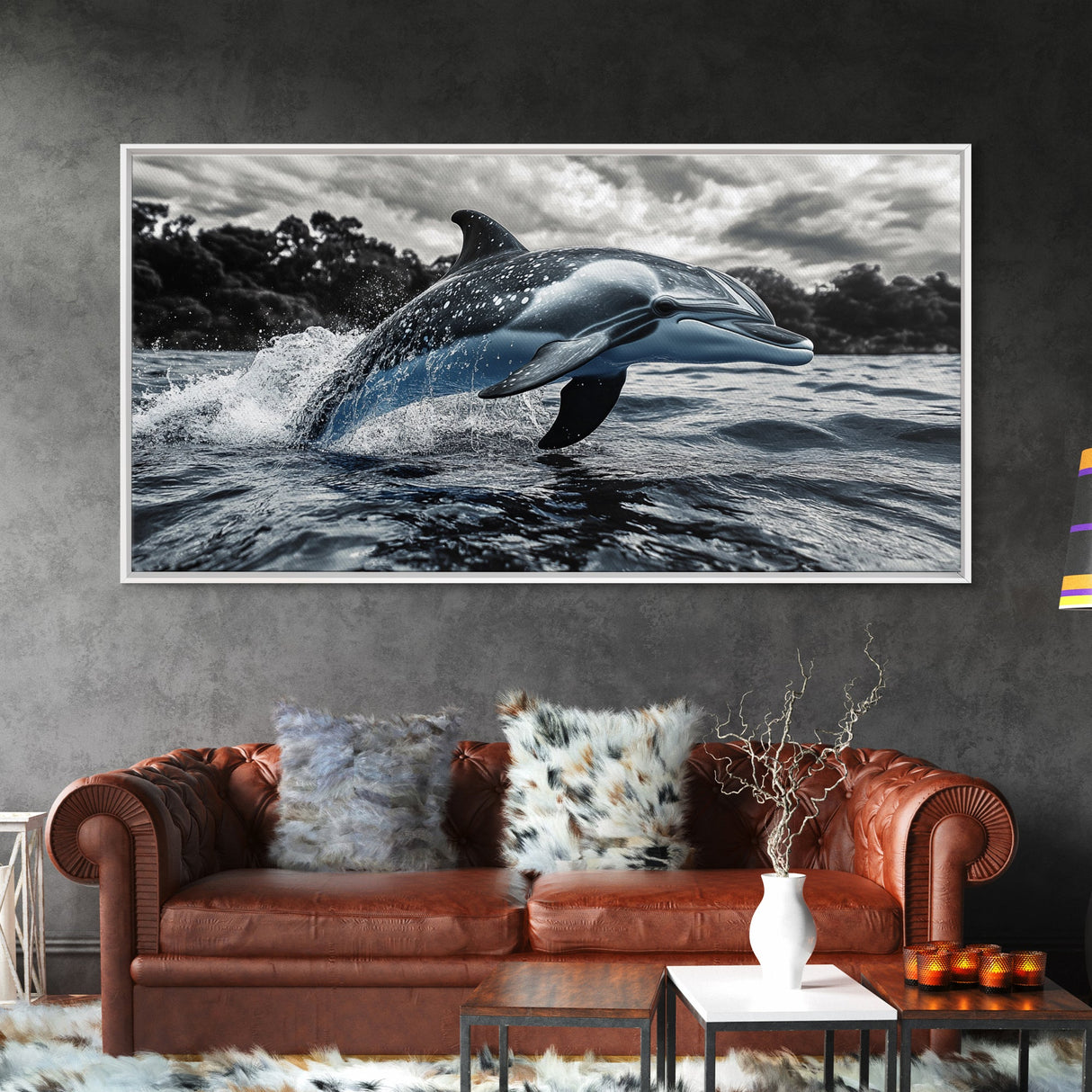 Jumping Dolphin, Ocean Splash, Monochrome Water, Framed Canvas Print, Coastal Wall Art, Bathroom Nautical Decor, Marine Life Photography