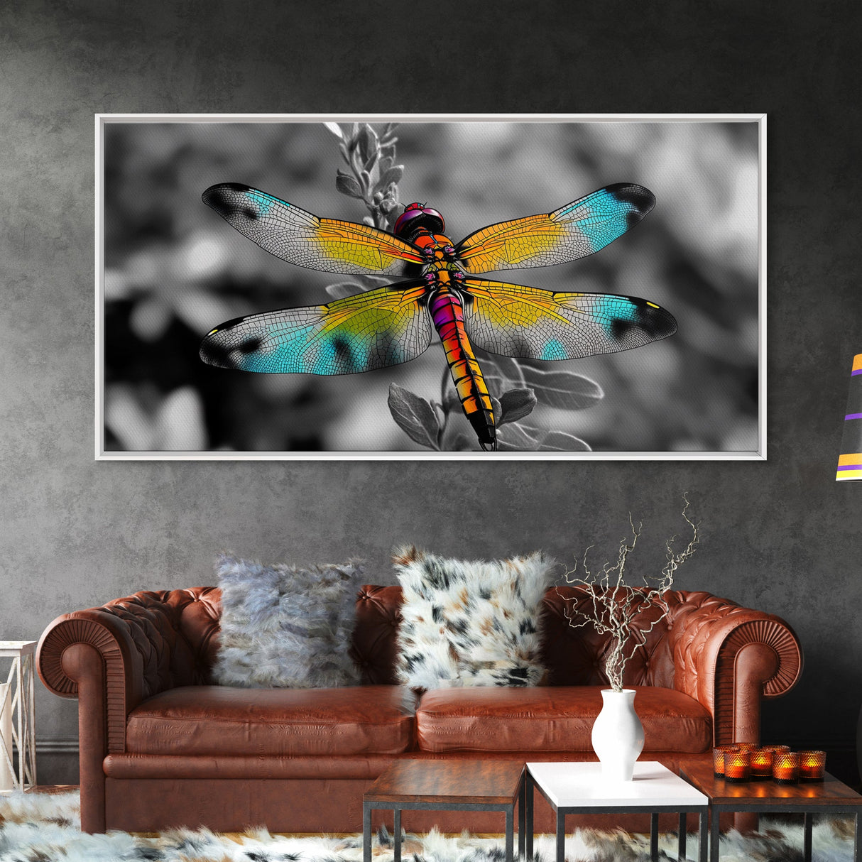 Rainbow Dragonfly, Nature Close-Up, Bold Insect Art, Canvas Print, Boho Wall Art, Botanical Decor, Vibrant Bedroom Accent Piece
