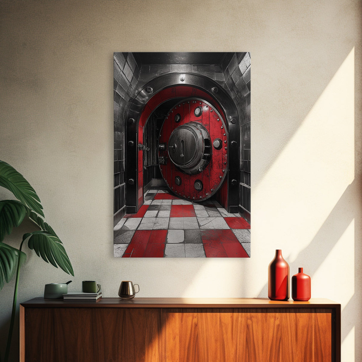 Red Vault Door, Industrial Style, Bold Security, Framed Canvas Print, Urban Interior Wall Art, Game Room Decor, Steampunk Vibes