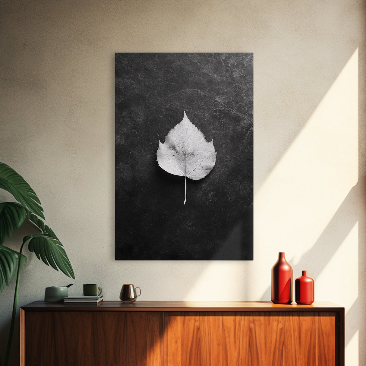Monochrome Leaf, Nature Minimal, Still Life, Moody Art, Framed Canvas Print, Fall Wall Art, Kitchen Decor, Neutral Modern Aesthetic