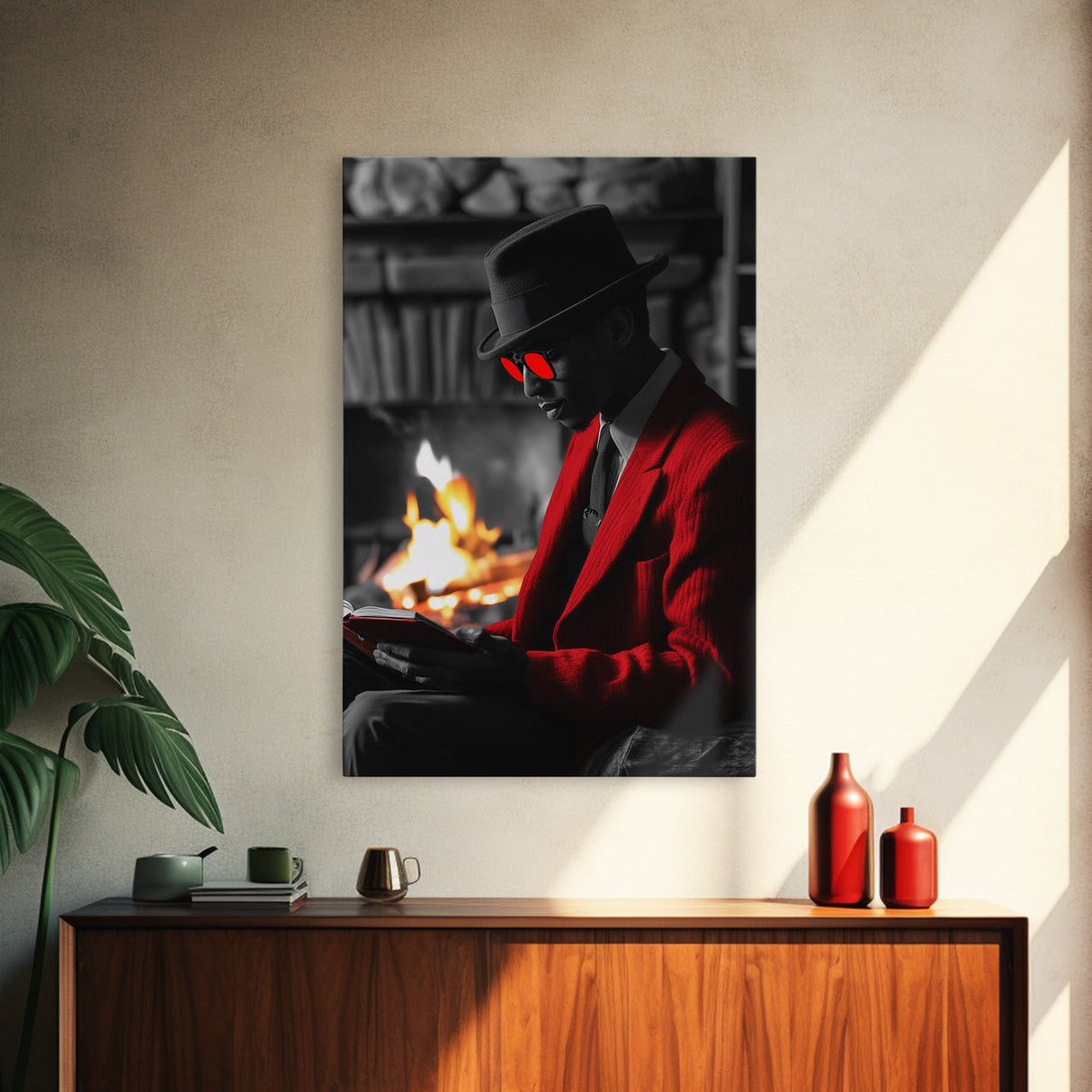 Red Jacket, Reading Firelight, Cozy Vibes, Stylish Man, Framed Canvas Print, Fall Wall Art, Office Decor, Modern Masculine Art