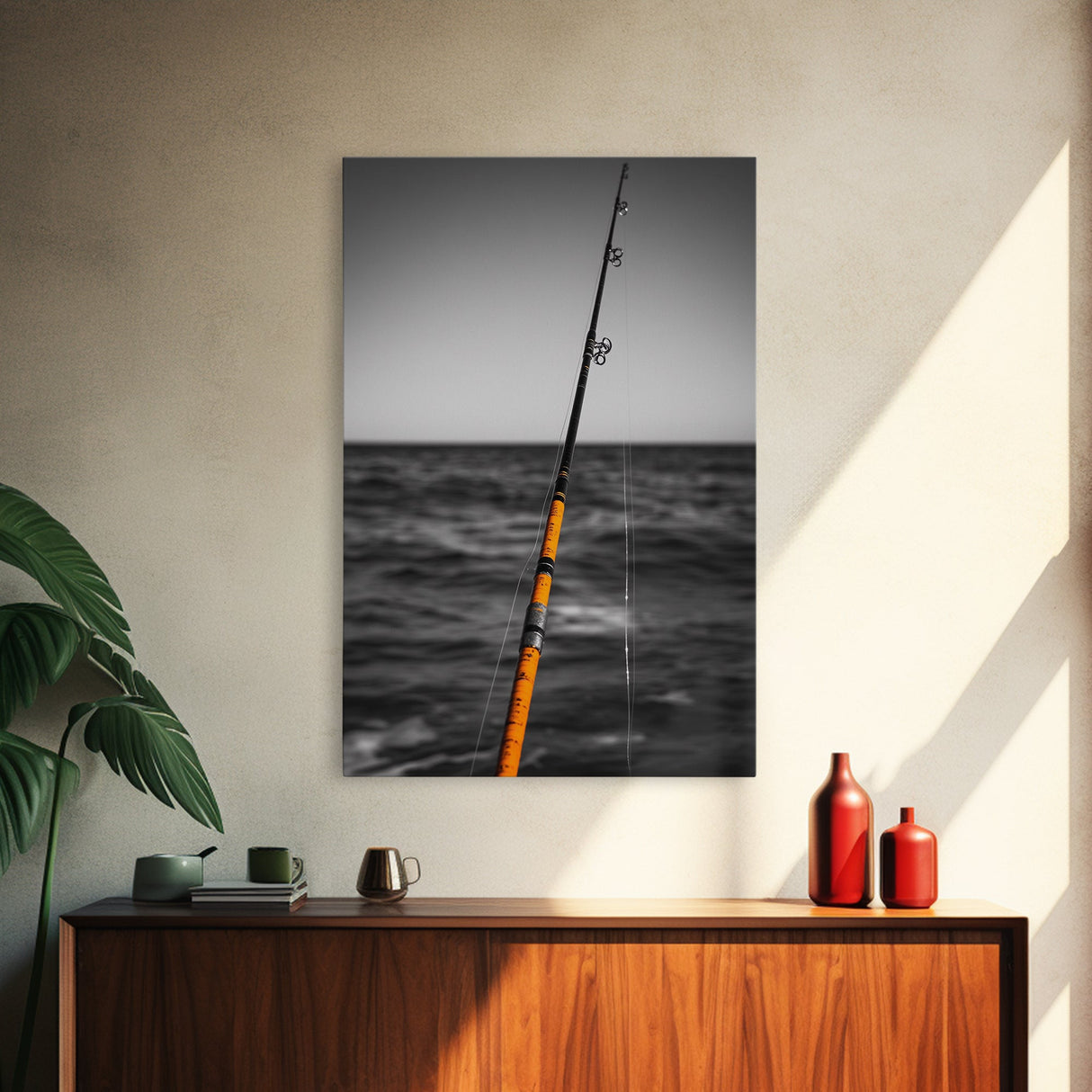 Fishing Pole, Ocean Rod, Angler Focus, Sea Horizon, Framed Canvas Print, Man Cave Wall Art, Sport Fishing Decor, Coastal Style Art