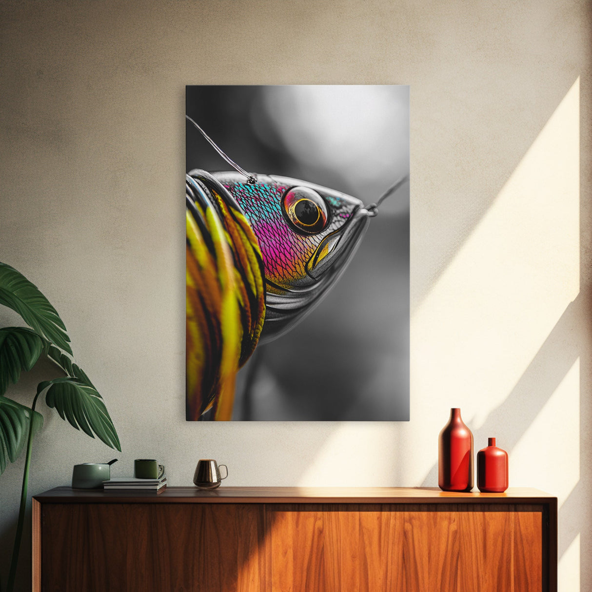 Colorful Lure, Fishing Hook, Bold Scales, Rainbow Detail, Framed Canvas Print, Man Cave Art, Fishing Decor, Vibrant Realism Wall Art