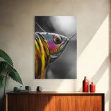 Colorful Lure, Fishing Hook, Bold Scales, Rainbow Detail, Framed Canvas Print, Man Cave Art, Fishing Decor, Vibrant Realism Wall Art