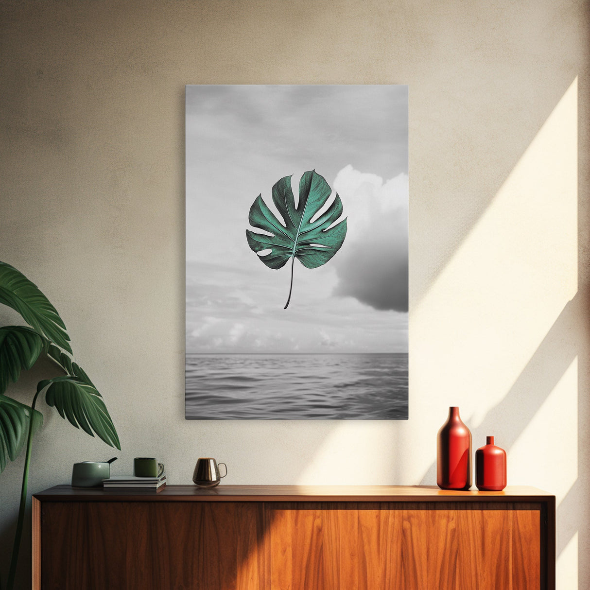 Monstera Leaf, Ocean Breeze, Tropical Minimalism, Floating Leaf, Framed Canvas Print, Modern Bathroom Art, Boho Decor, Tropical Wall Art