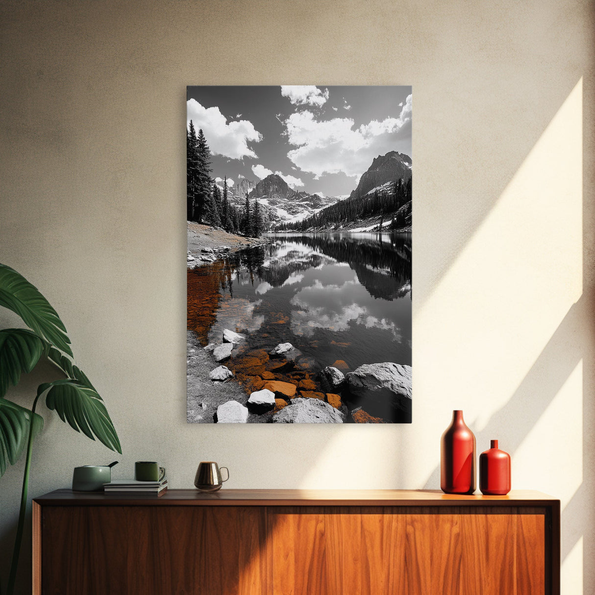 Alpine Lake, Orange Rocks, Mountain Reflection, Canvas Print, Wilderness Wall Art, Nature Explorer Decor, Rustic Lodge Wall Art