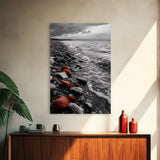 Red Shoreline, Bold Pebbles, Coastal Mood, Canvas Print, Nautical Wall Art, Moody Landscape, Black White Red Art, Nature Lover Gift