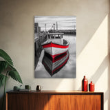 Red Fishing Boat, Harbor Calm, Nautical Charm, Canvas Print, Coastal Kitchen Wall Art, Maritime Theme, Seaside Decor, Rustic Water Scene