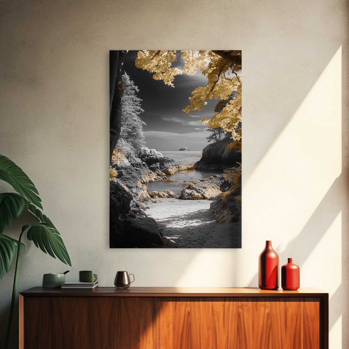 Yellow Trees, Autumn Beach, Ocean View, Framed Canvas Print, Nature Photography, Fall Landscape Wall Art, Coastal Living Room Decor