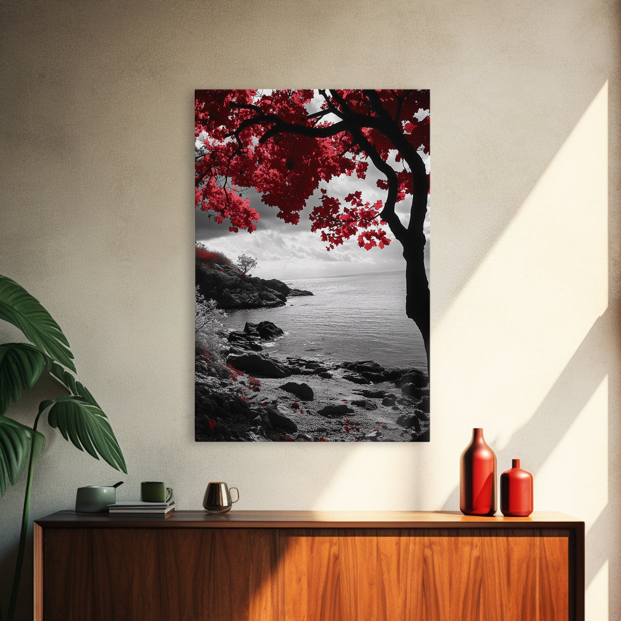 Red Leaves, Dramatic Coast, Ocean Horizon, Canvas Print, Autumn Coastal Wall Art, Bold Nature Photography, Moody Fall Decor, Beach Theme