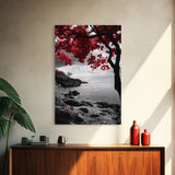 Red Leaves, Dramatic Coast, Ocean Horizon, Canvas Print, Autumn Coastal Wall Art, Bold Nature Photography, Moody Fall Decor, Beach Theme
