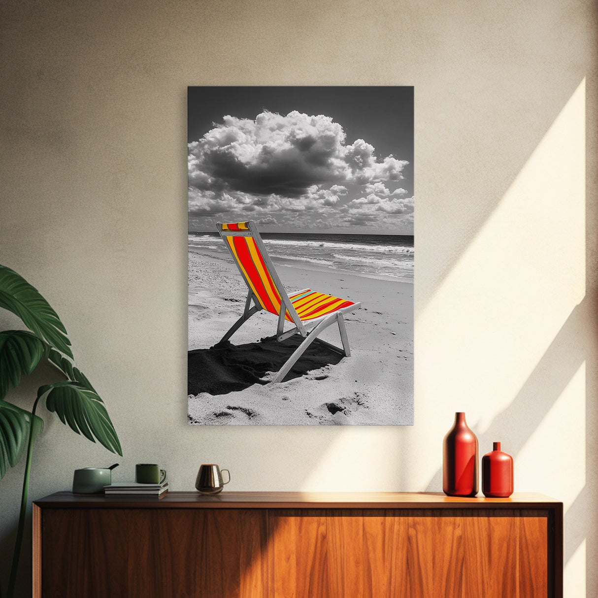 Beach Chair Alone, Tropical Vibes, Color Pop Seaside, Framed Canvas Print, Coastal Wall Art, Summer Decor, Relaxation Room Art
