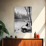 Winter Fishing, Snowy River, Peaceful Solitude, Canvas Print, Cabin Wall Art, Rustic Outdoor Decor, Black White Nature Photography