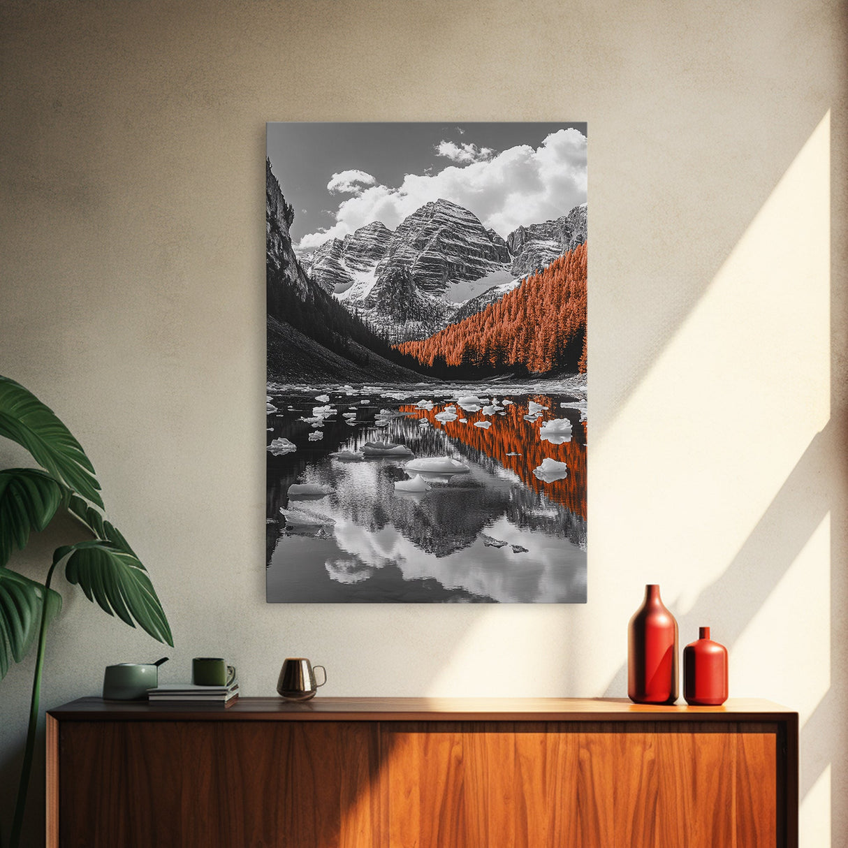 Mountain Reflections, Autumn Pines, Glacial Water Scene, Framed Canvas Print, Fall Landscape Wall Art, Nature Lover Home Decor