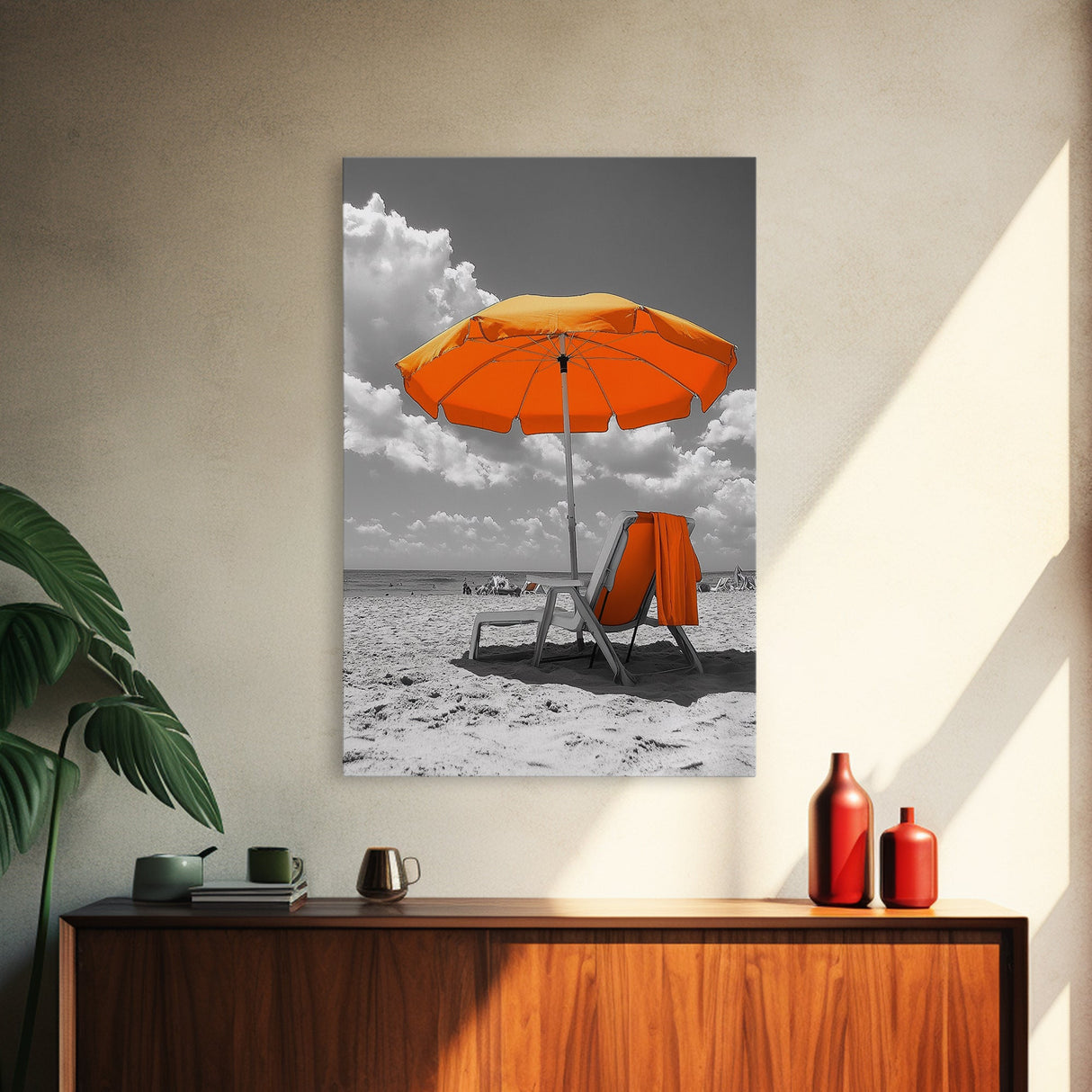 Orange Umbrella Shade, Beach Chill Scene, Relax Spot, Framed Canvas Print, Summer Wall Art, Vacation Vibe Decor, Minimalist Beach Art
