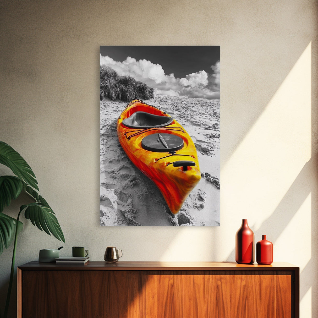Vibrant Kayak, Sandy Beach, Summer Adventure Vibe, Canvas Print, Coastal Wall Art, Bold Color Photography, Outdoor Lover Gift