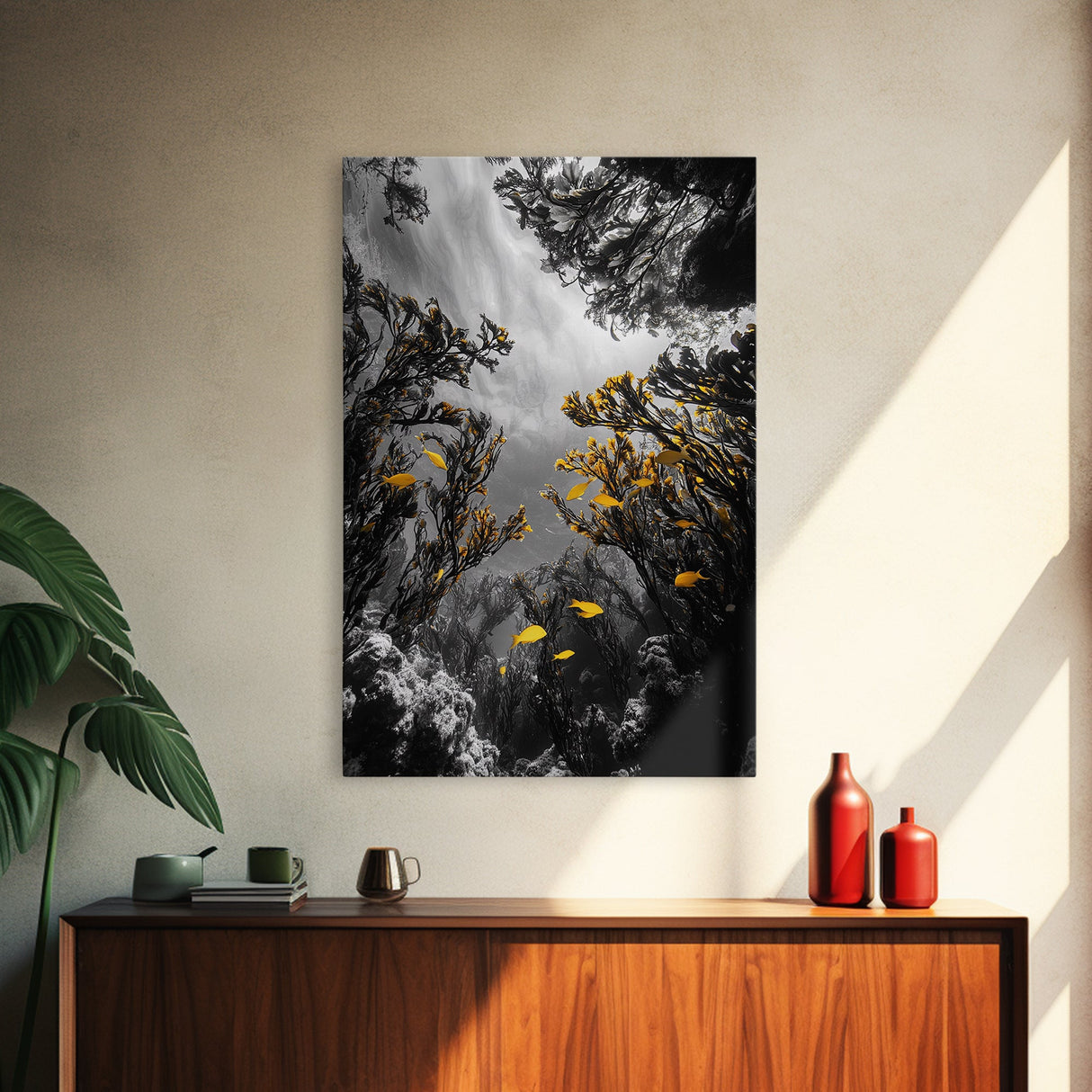 Golden Fish, Kelp Forest, Ethereal Ocean Scene, Framed Canvas Print, Underwater Wall Art, Nature Photography, Bathroom Sea Decor