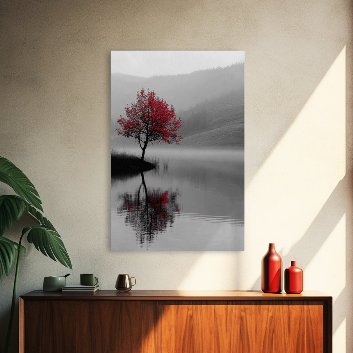 Red Tree, Foggy Lake, Peaceful Landscape Scene, Framed Canvas Print, Autumn Nature Wall Art, Minimalist Fall Decor, Moody Aesthetic