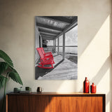 Red Porch Chairs, Lakeside Retreat, Cozy Country Morning, Framed Canvas Print, Farmhouse Decor, Rustic Living Room Wall Art, Peaceful Vibe