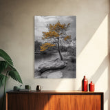 Golden Tree View, Nature Serenity, Fall Lake Art, Peaceful Pine, Framed Canvas Print, living room wall art, minimalist landscape print