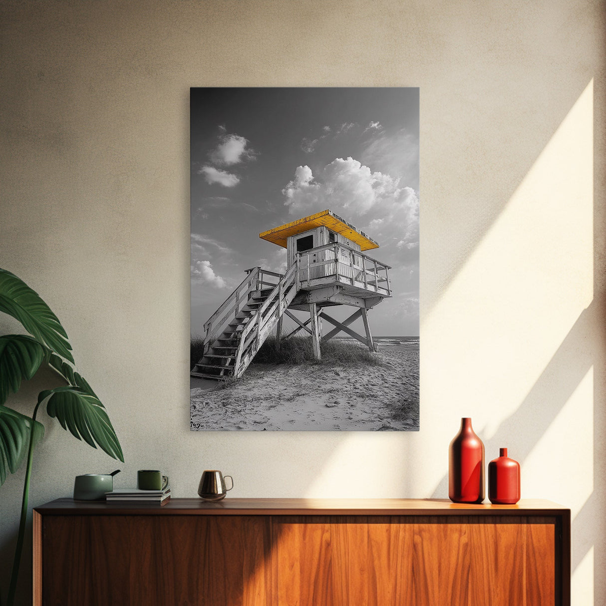 Lifeguard Tower Yellow, Beach Escape, Summer Vibe Art, Ocean Watch Post, Framed Canvas Print, coastal home decor, beach house wall art